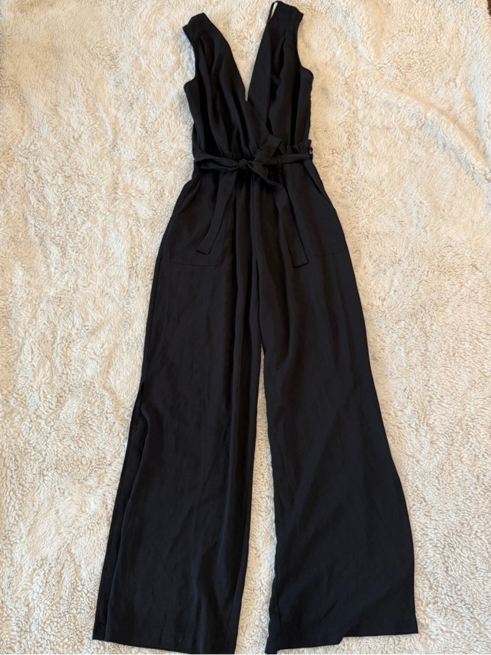 Black V-Neck Wide-Leg Jumpsuit with Waist Tie